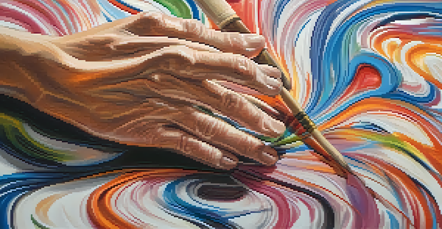 Close-up of a stroke survivor's hands painting an abstract canvas, symbolizing their recovery journey.