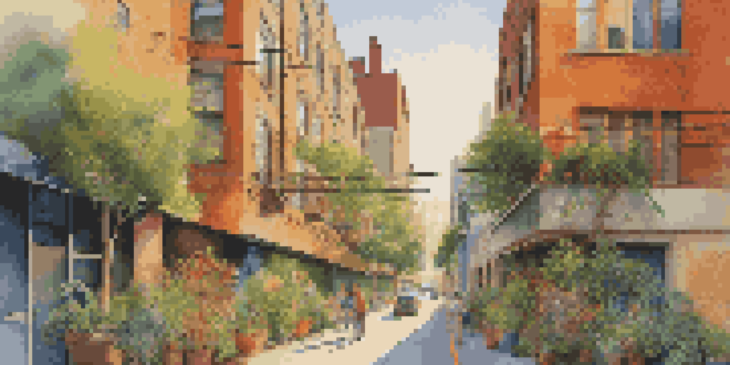 A colorful street mural in an urban alley, with pedestrians admiring it in warm sunlight and green plants nearby.