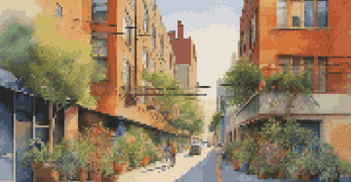 A colorful street mural in an urban alley, with pedestrians admiring it in warm sunlight and green plants nearby.