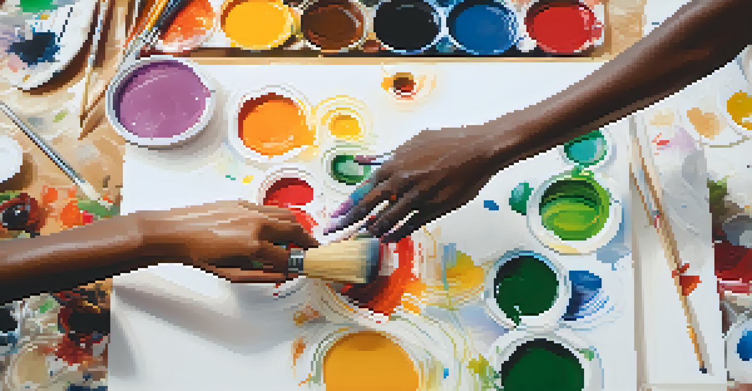 Diverse artists' hands collaborating on an art piece, holding brushes and palettes filled with colors.