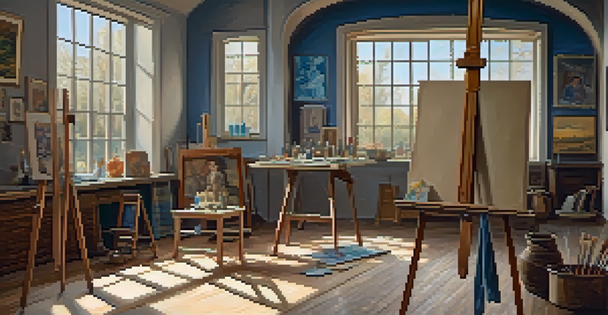 A bright artist's studio with an easel, family photos, and cultural artifacts, illuminated by soft sunlight.
