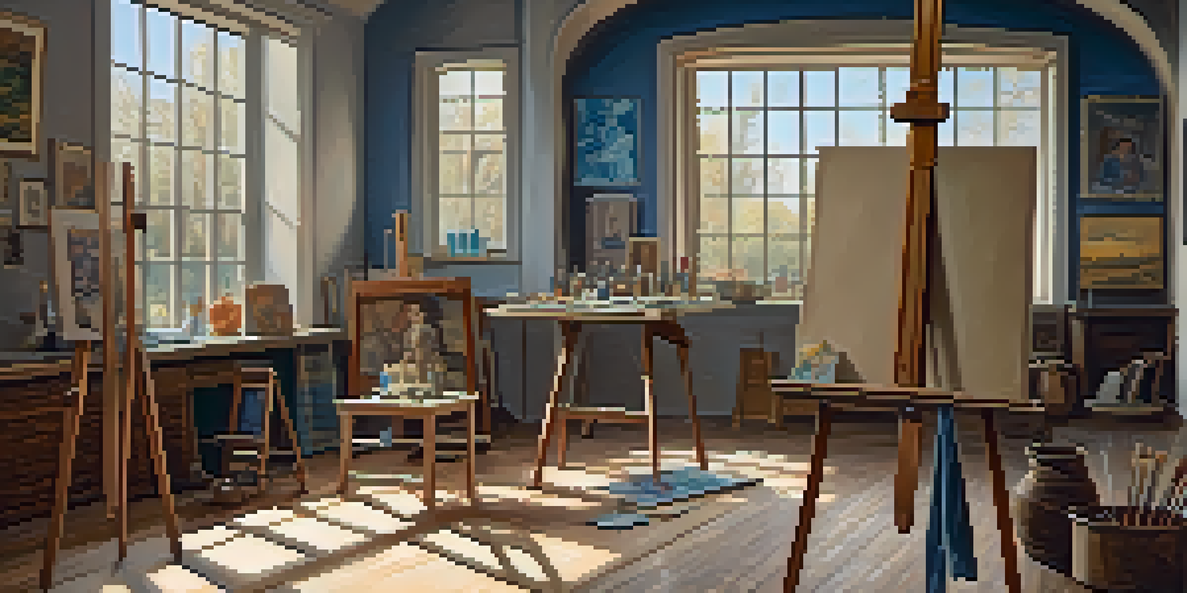A bright artist's studio with an easel, family photos, and cultural artifacts, illuminated by soft sunlight.