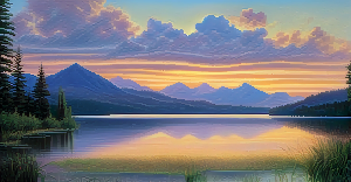 A peaceful landscape with a calm lake, green forests, and mountains under a pastel dawn sky.