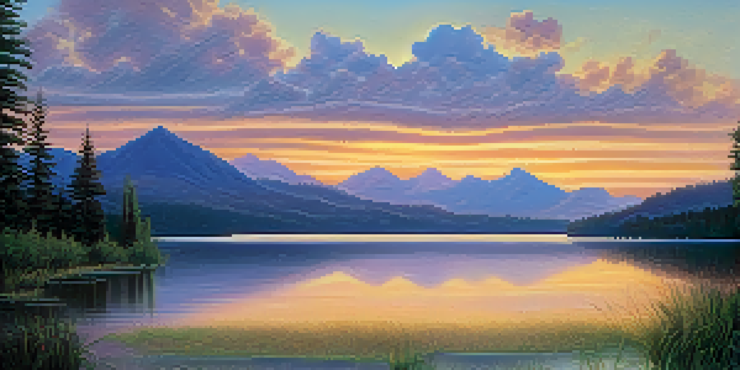 A peaceful landscape with a calm lake, green forests, and mountains under a pastel dawn sky.