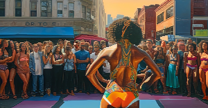 An artist performing in an urban area, their body adorned with colorful body paint, with a captivated audience watching during sunset.