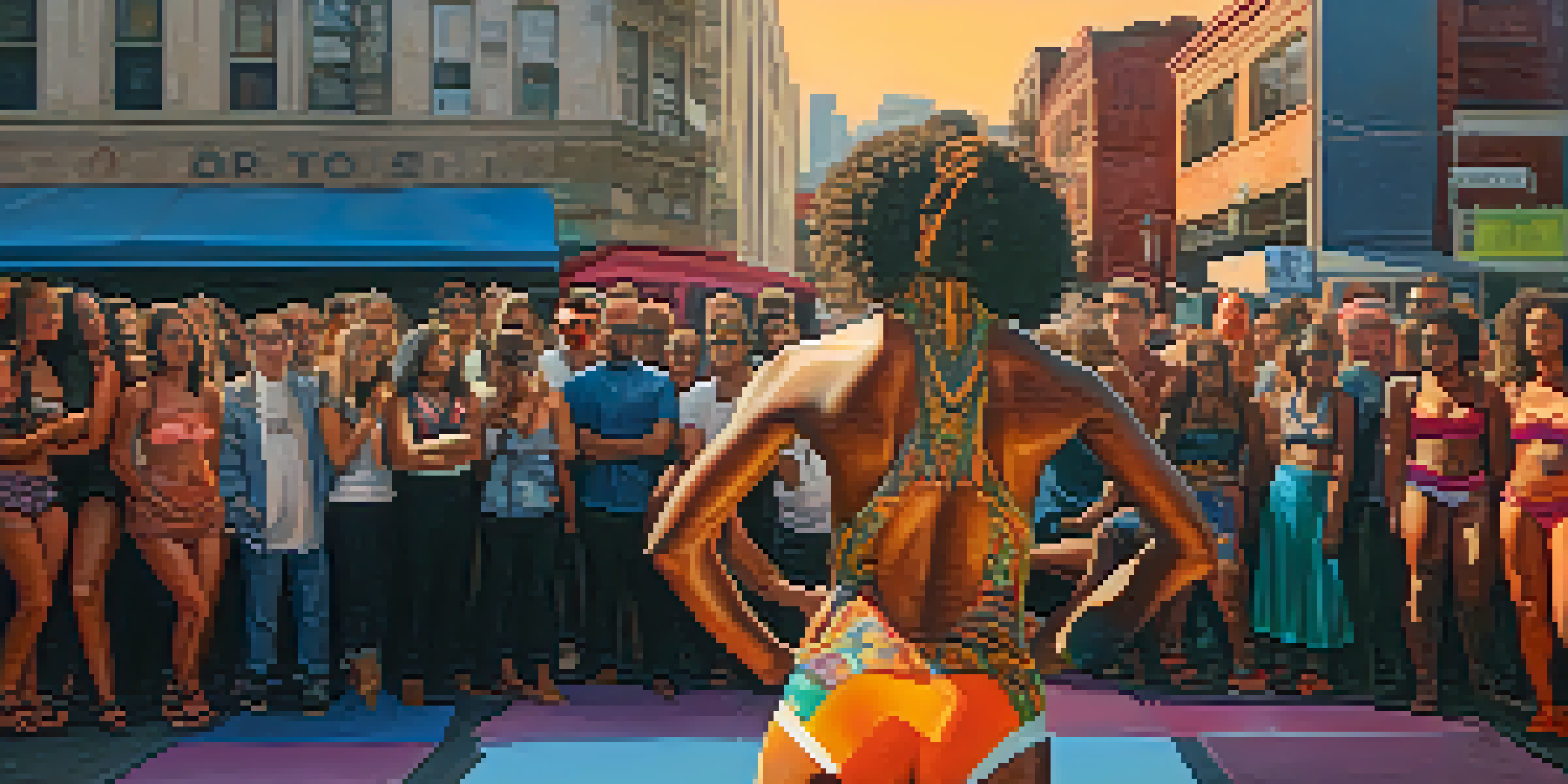 An artist performing in an urban area, their body adorned with colorful body paint, with a captivated audience watching during sunset.
