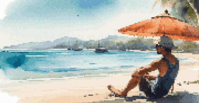 An artist painting on the beach in Bali with palm trees and the ocean in the background.