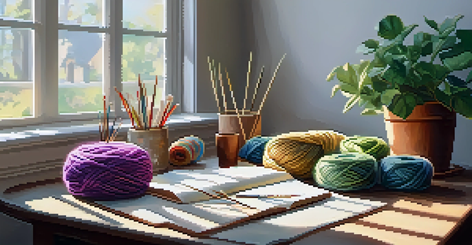 A bright and inviting crafting space with a wooden table covered in colorful yarn and knitting supplies, illuminated by warm sunlight.