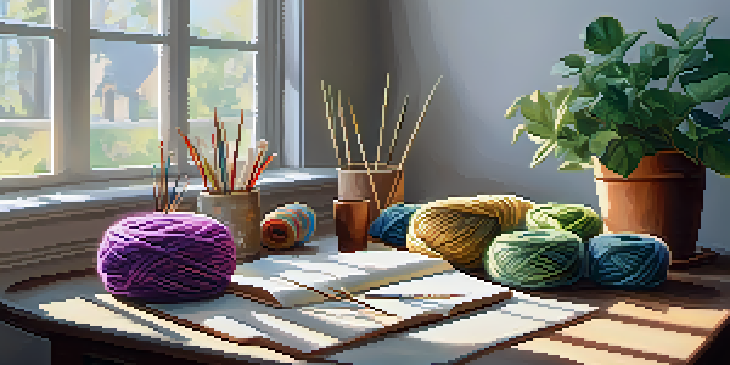A bright and inviting crafting space with a wooden table covered in colorful yarn and knitting supplies, illuminated by warm sunlight.