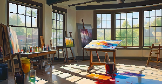 A bright art studio with an artist painting on a canvas, surrounded by colorful paints and art supplies.
