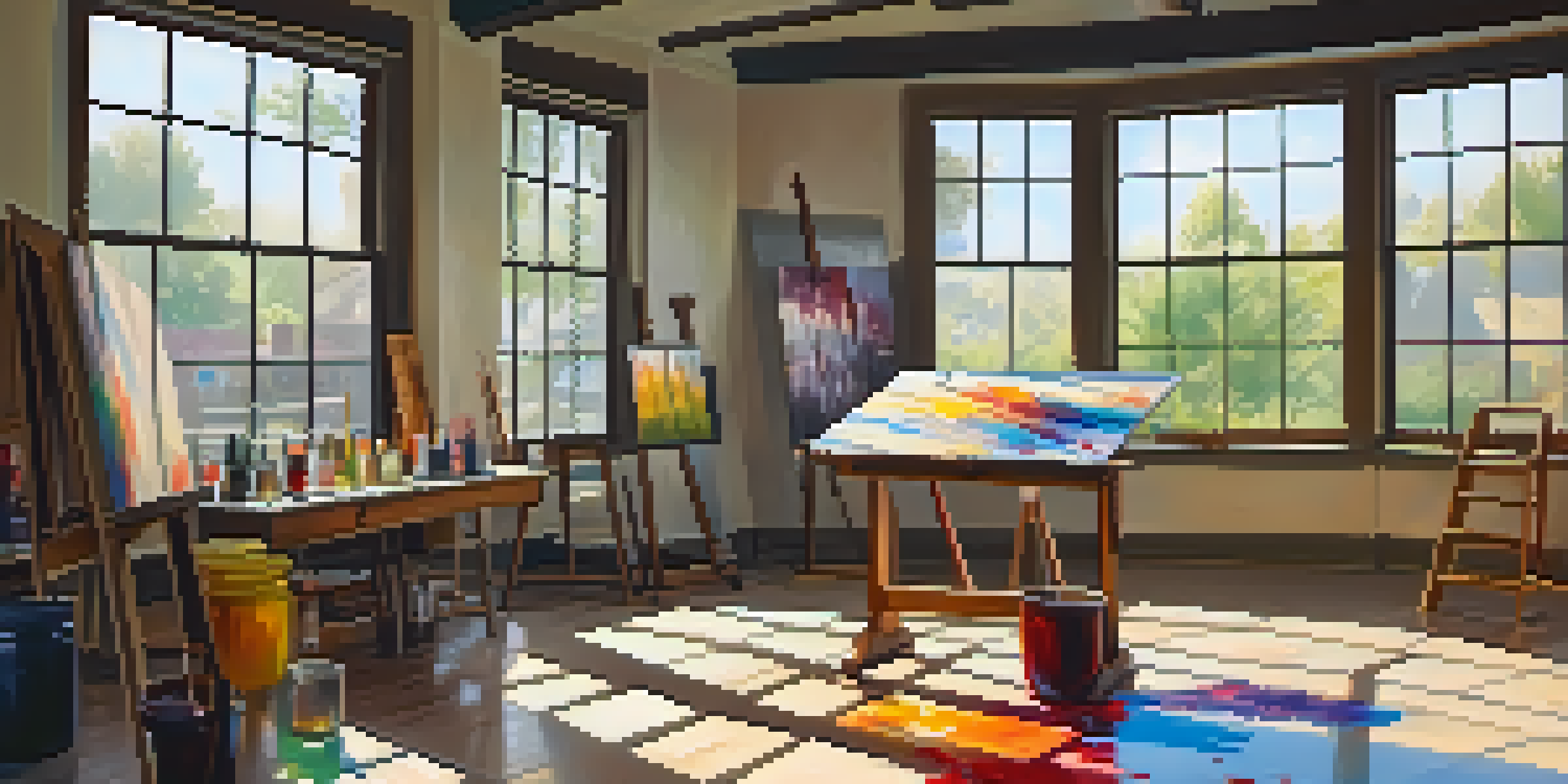 A bright art studio with an artist painting on a canvas, surrounded by colorful paints and art supplies.