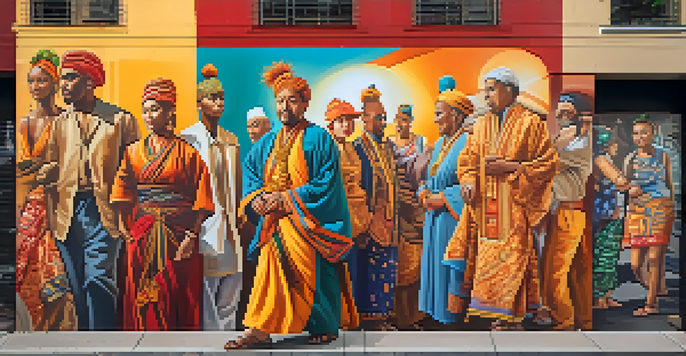 A colorful street mural showing diverse figures in traditional and modern attire, illuminated by warm sunlight.