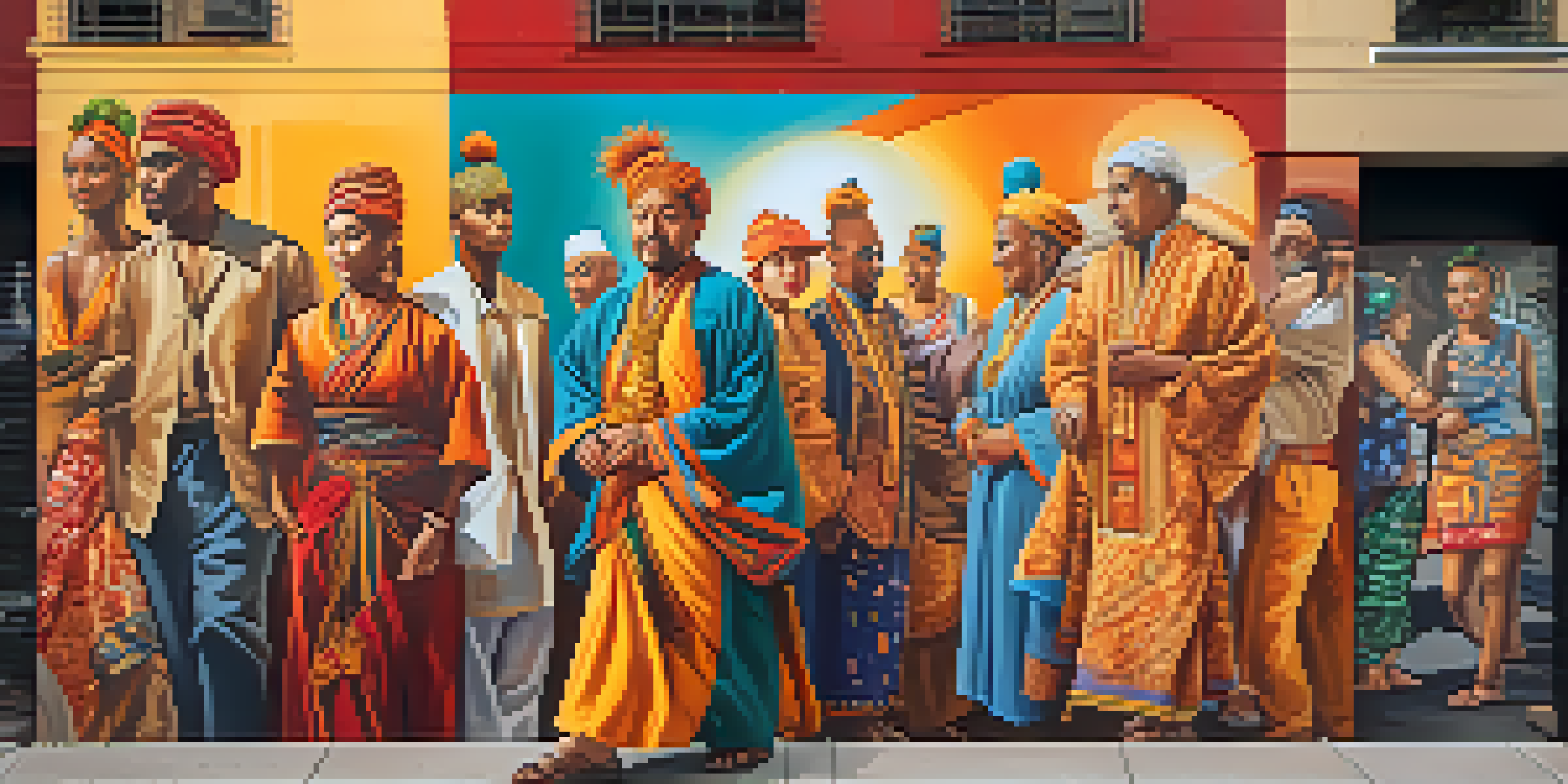 A colorful street mural showing diverse figures in traditional and modern attire, illuminated by warm sunlight.