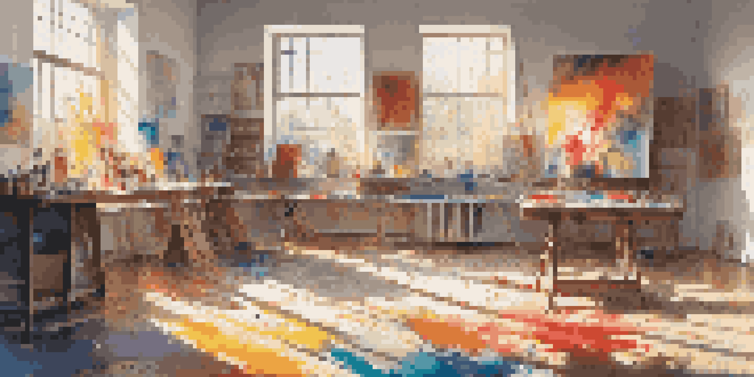 A bright art studio with colorful paint splashes and a canvas showing an abstract painting. Sunlight shines through windows, highlighting the tools and textures.
