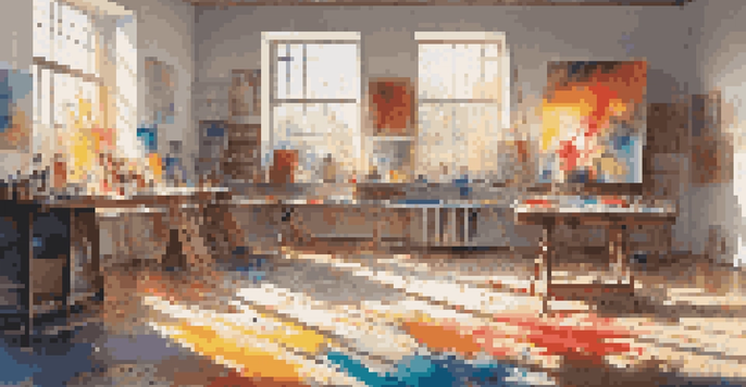 A bright art studio with colorful paint splashes and a canvas showing an abstract painting. Sunlight shines through windows, highlighting the tools and textures.