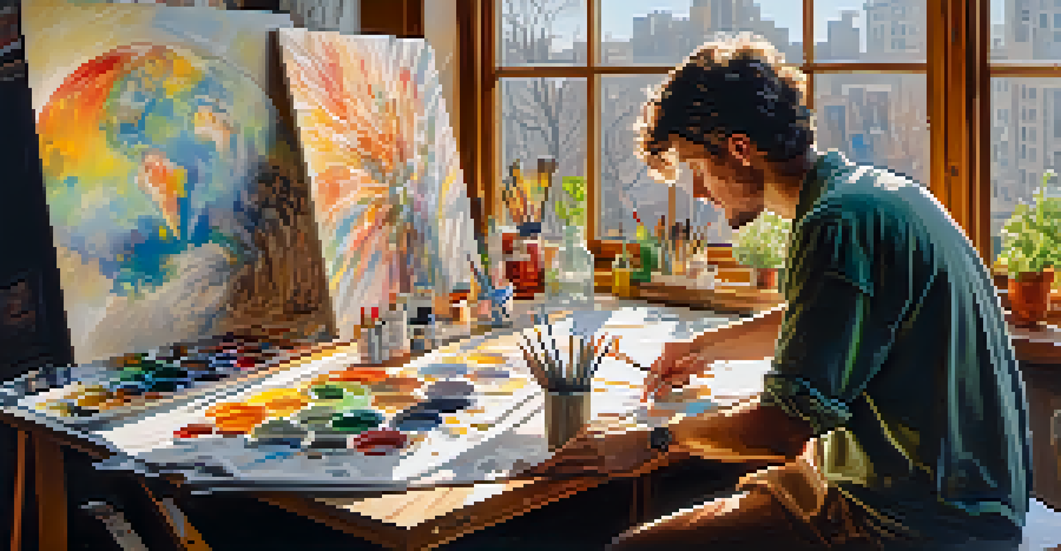 An artist in a bright studio painting a canvas about climate change, surrounded by art supplies and sketches.