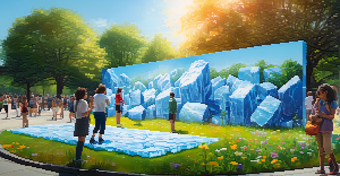 A lively urban park with a melting ice installation, showing people interacting with the art, surrounded by greenery and bright flowers.