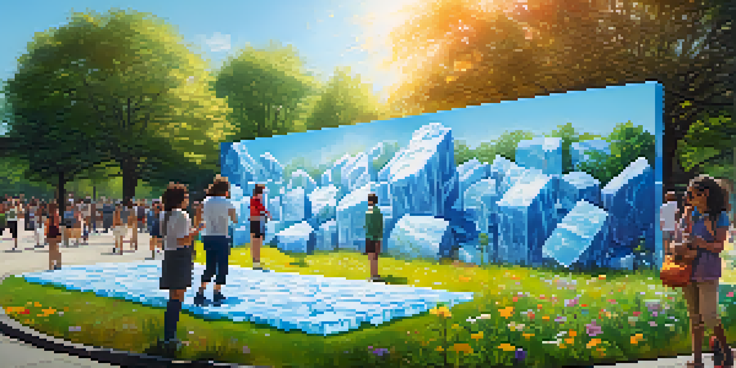 A lively urban park with a melting ice installation, showing people interacting with the art, surrounded by greenery and bright flowers.