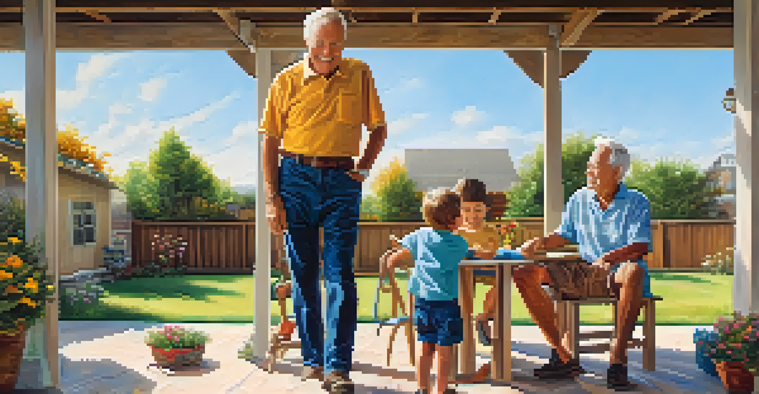 A time-lapse series showcasing a grandfather playing with grandchildren across different ages in a sunny backyard.