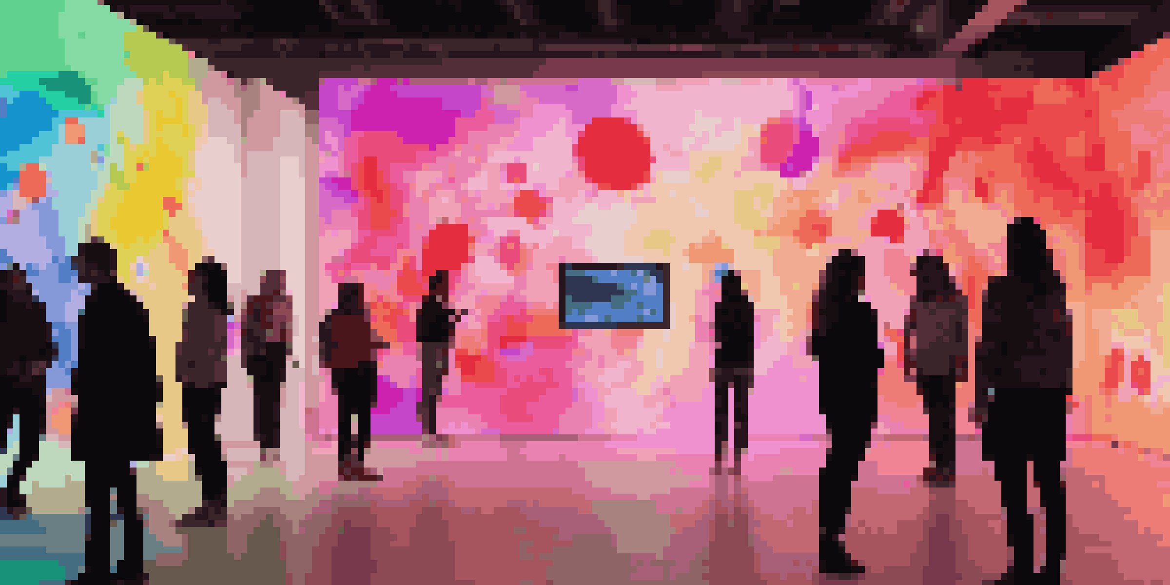 An immersive digital art installation with colorful projections and interactive elements, inviting viewers to engage with the artwork in a modern, dimly lit room.