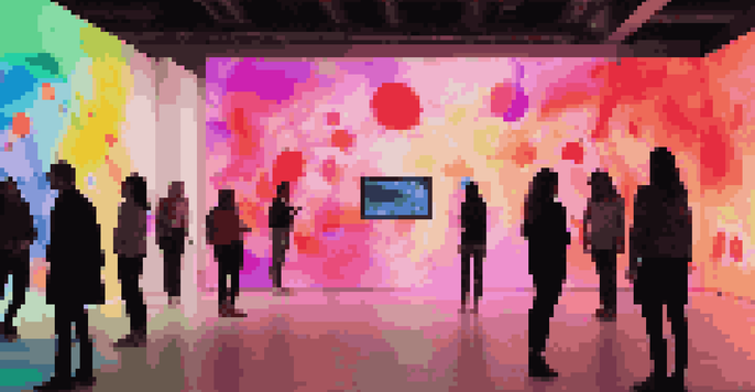 An immersive digital art installation with colorful projections and interactive elements, inviting viewers to engage with the artwork in a modern, dimly lit room.