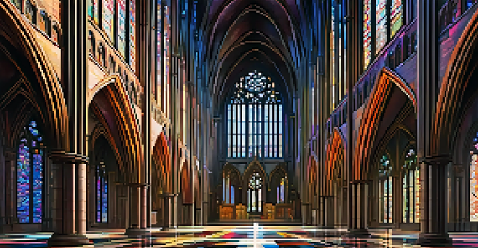Interior view of a Gothic cathedral with pointed arches and colorful stained glass windows, creating a vibrant atmosphere.