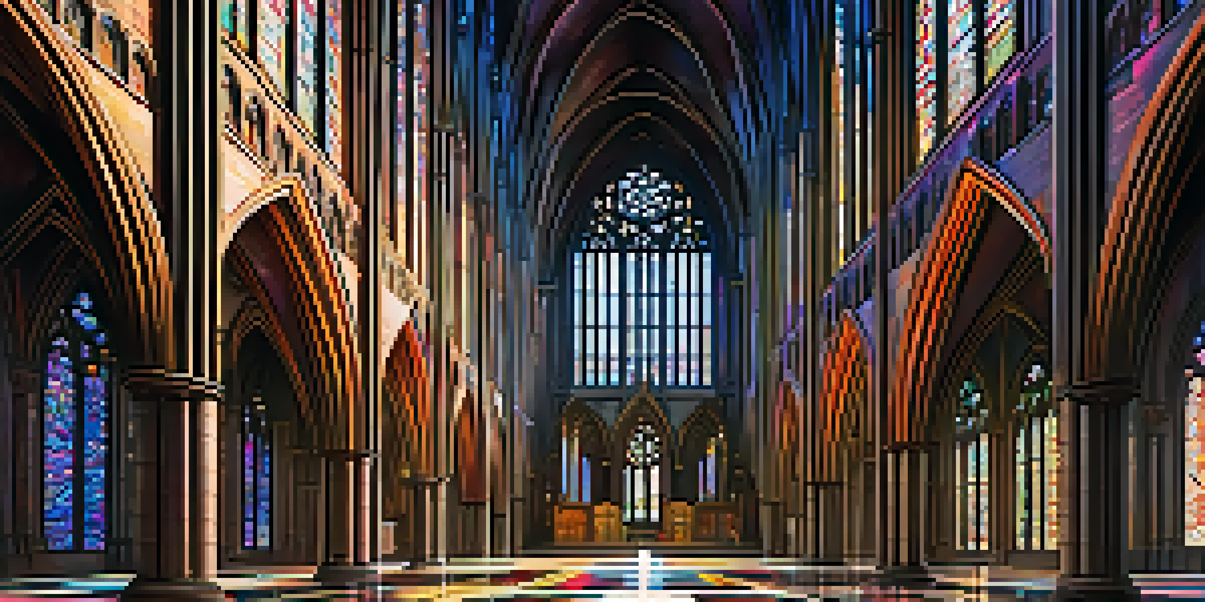 Interior view of a Gothic cathedral with pointed arches and colorful stained glass windows, creating a vibrant atmosphere.