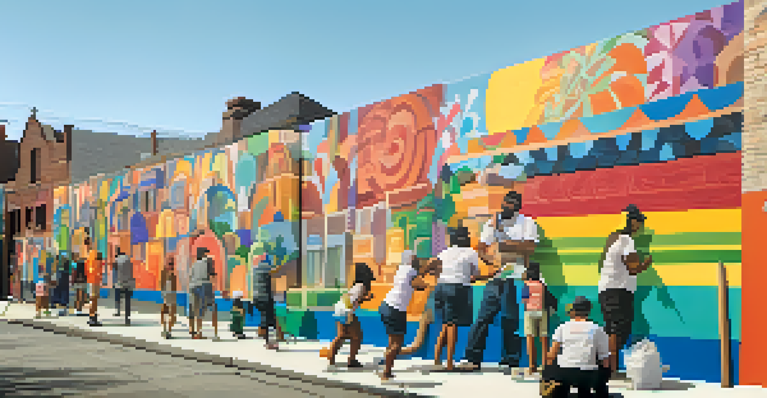 A group of diverse artists working together on a colorful mural, showcasing community spirit and collaboration.