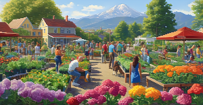 A community garden with blooming flowers and vegetables, where diverse people are engaged in gardening under golden sunlight.
