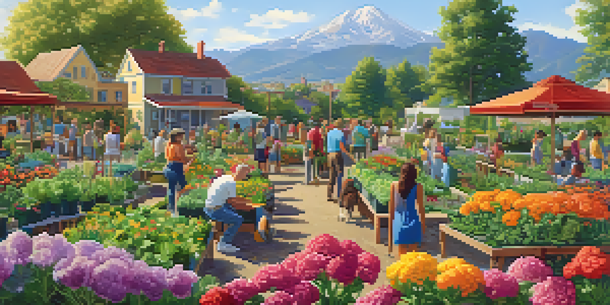 A community garden with blooming flowers and vegetables, where diverse people are engaged in gardening under golden sunlight.