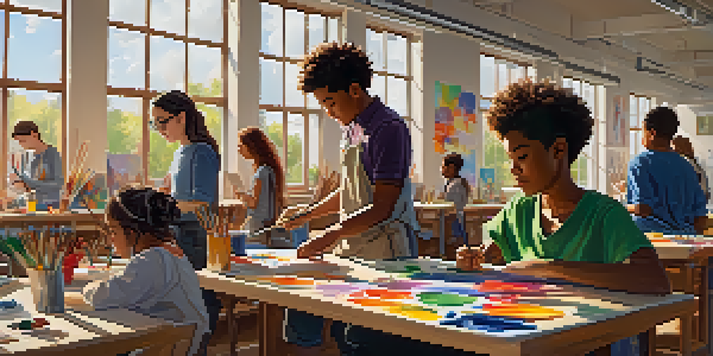 A lively art classroom where students of different genders are actively creating art with paint and clay, surrounded by colorful artwork and natural light.