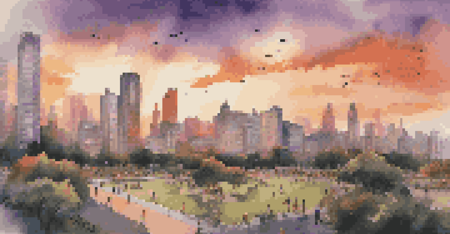 A vibrant city skyline at sunset with colorful clouds and a park in the foreground.
