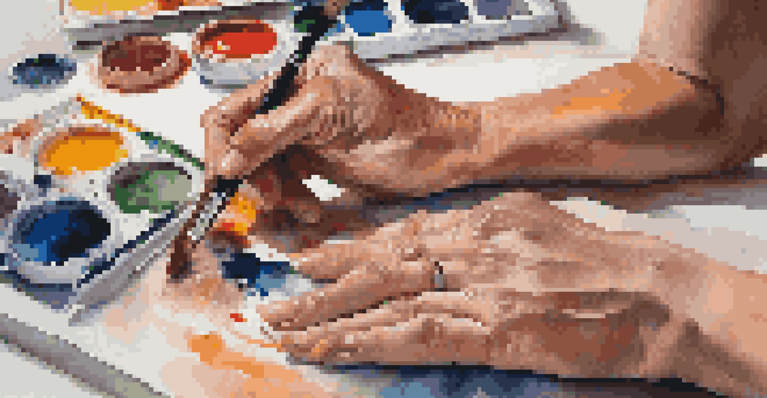 An artist's hands working on a vibrant abstract painting, surrounded by paint and brushes.