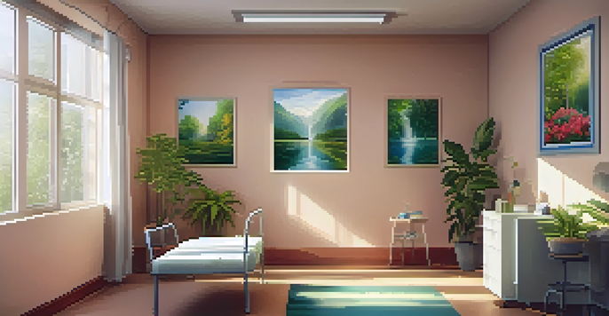 A hospital room decorated with nature-themed art and a patient painting on a canvas, surrounded by plants and soft sunlight.