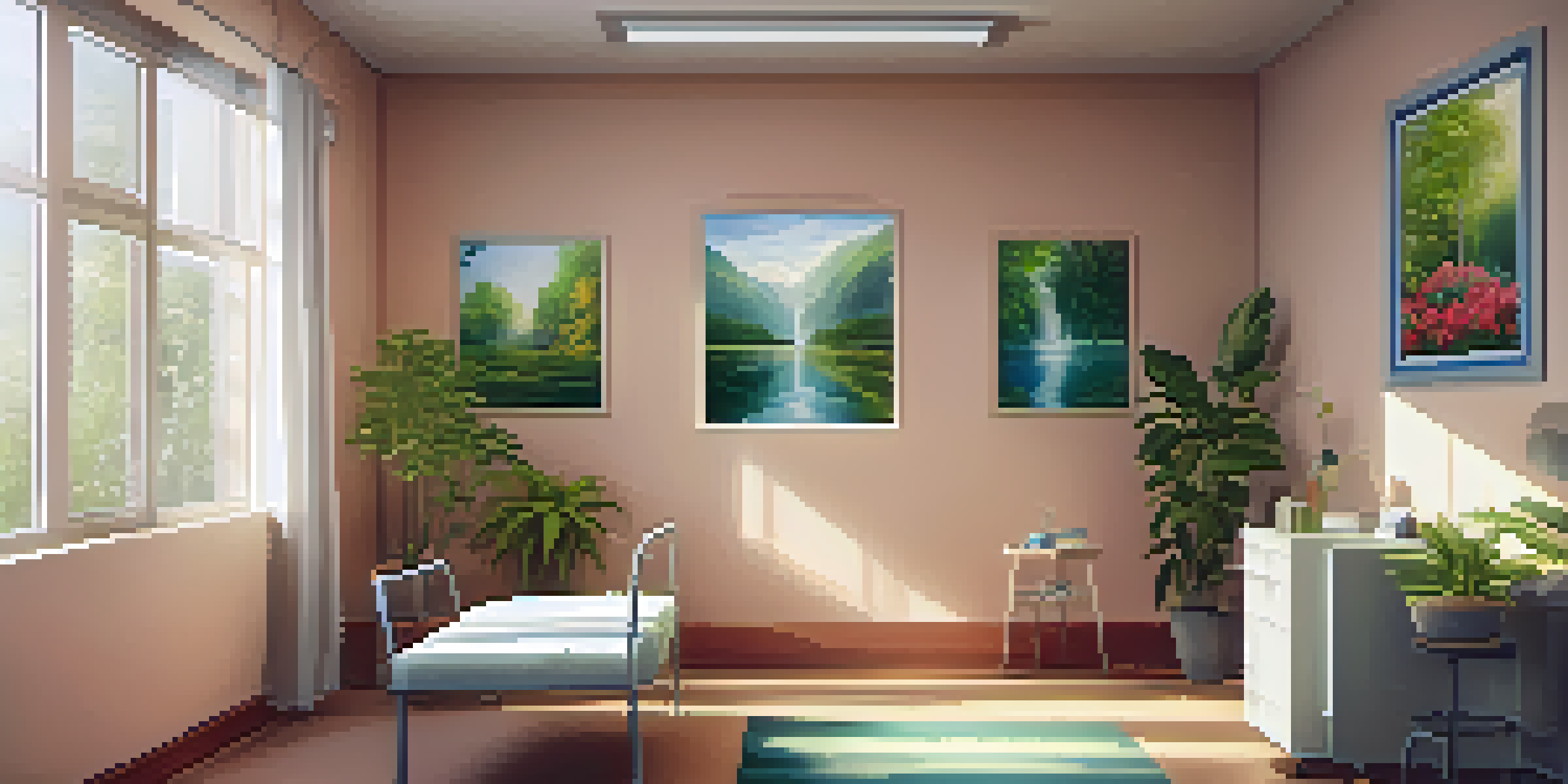 A hospital room decorated with nature-themed art and a patient painting on a canvas, surrounded by plants and soft sunlight.