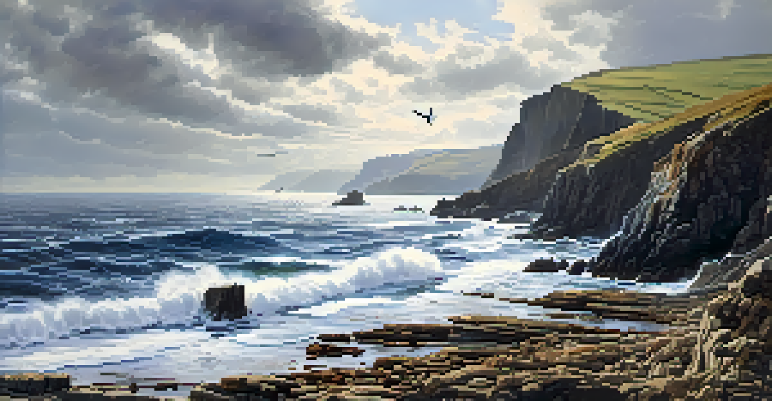 A powerful seascape of the British coast, featuring crashing waves against cliffs and a cloudy sky, with a seagull flying above.