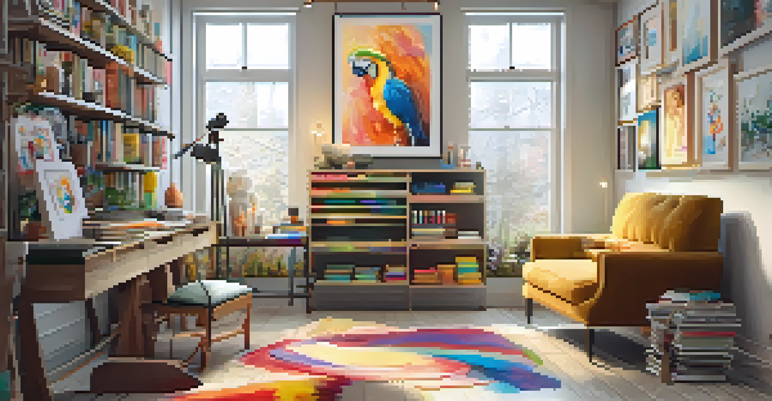 An artistic corner in a home with art supplies, an easel, and warm lighting, designed to inspire creativity.