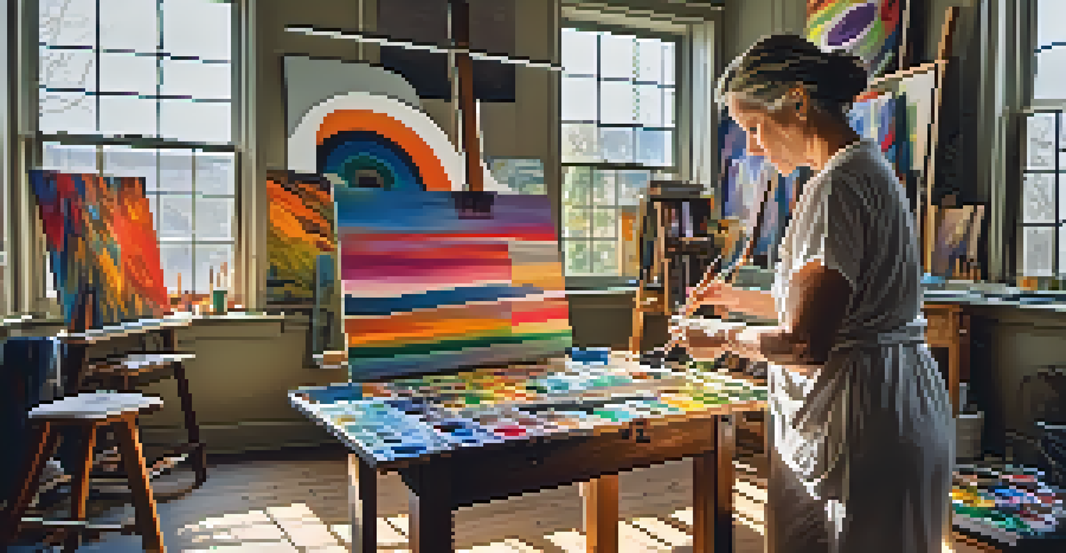 An artist in her studio, painting on a large canvas with sunlight streaming through windows, surrounded by vibrant paints and previous artworks.
