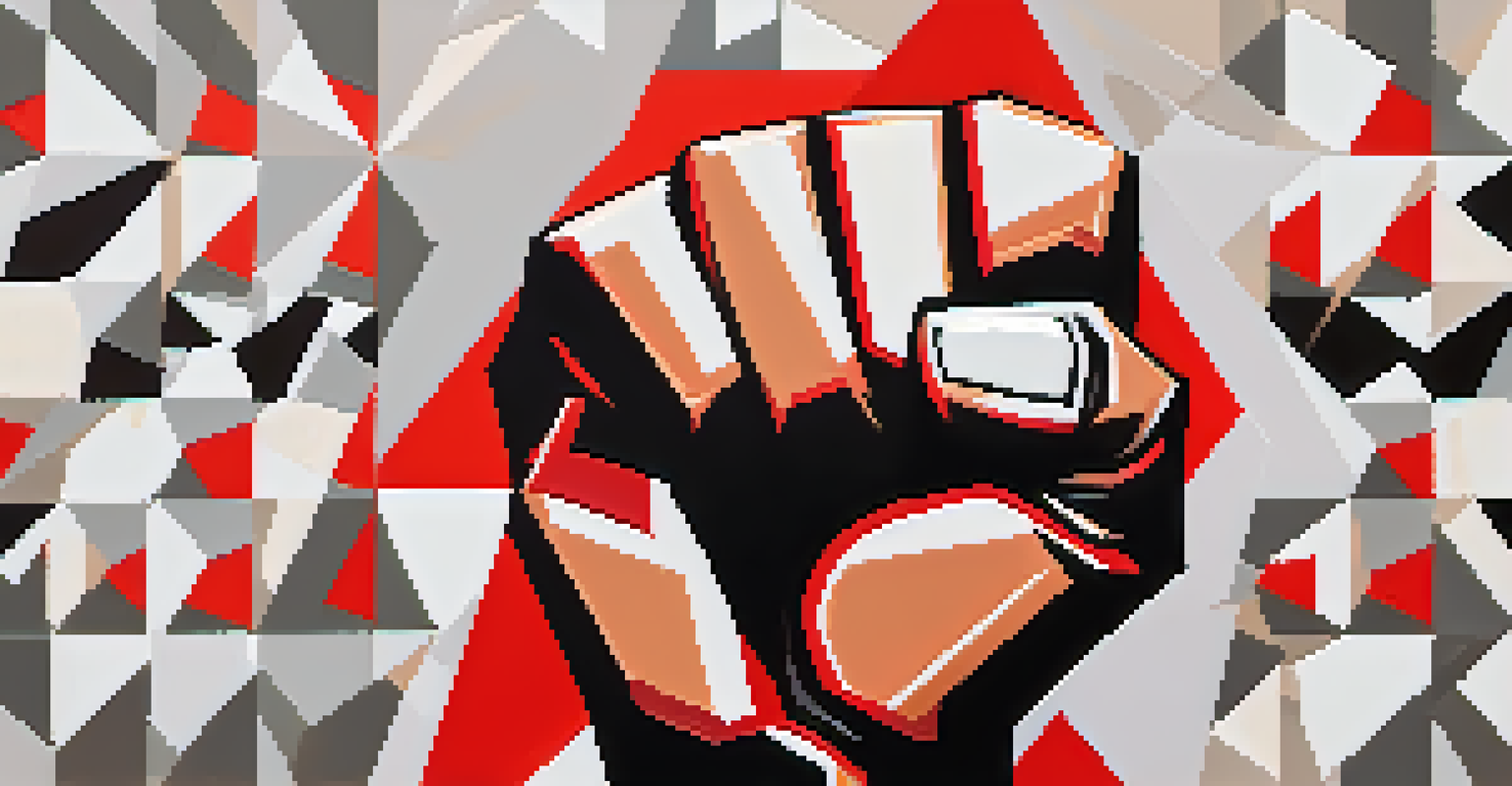 A raised fist in bold colors against an abstract background, symbolizing solidarity.