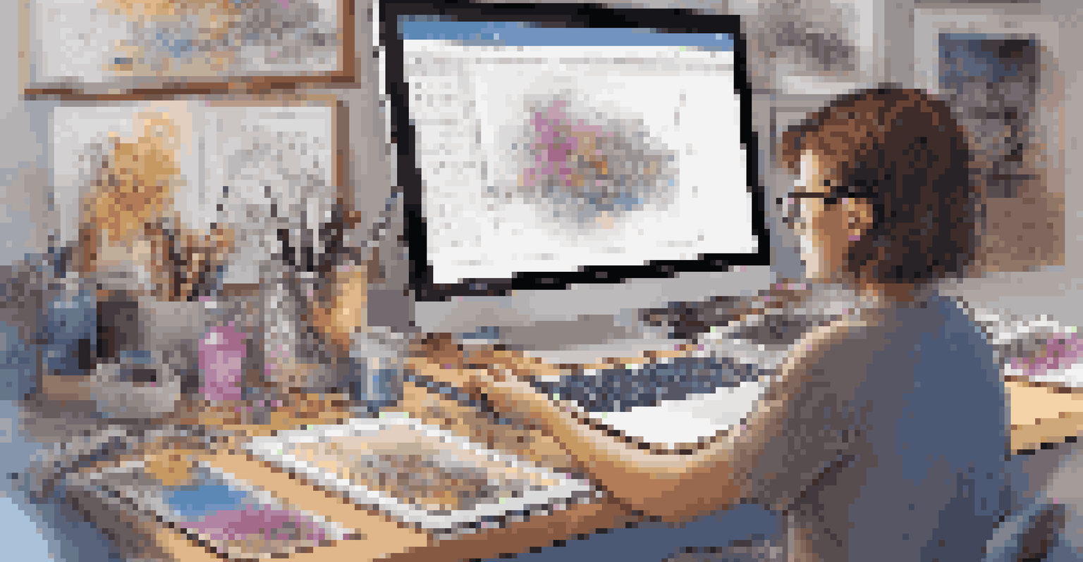 A student experimenting with digital art tools on a tablet in a creative workspace filled with sketches and art supplies.