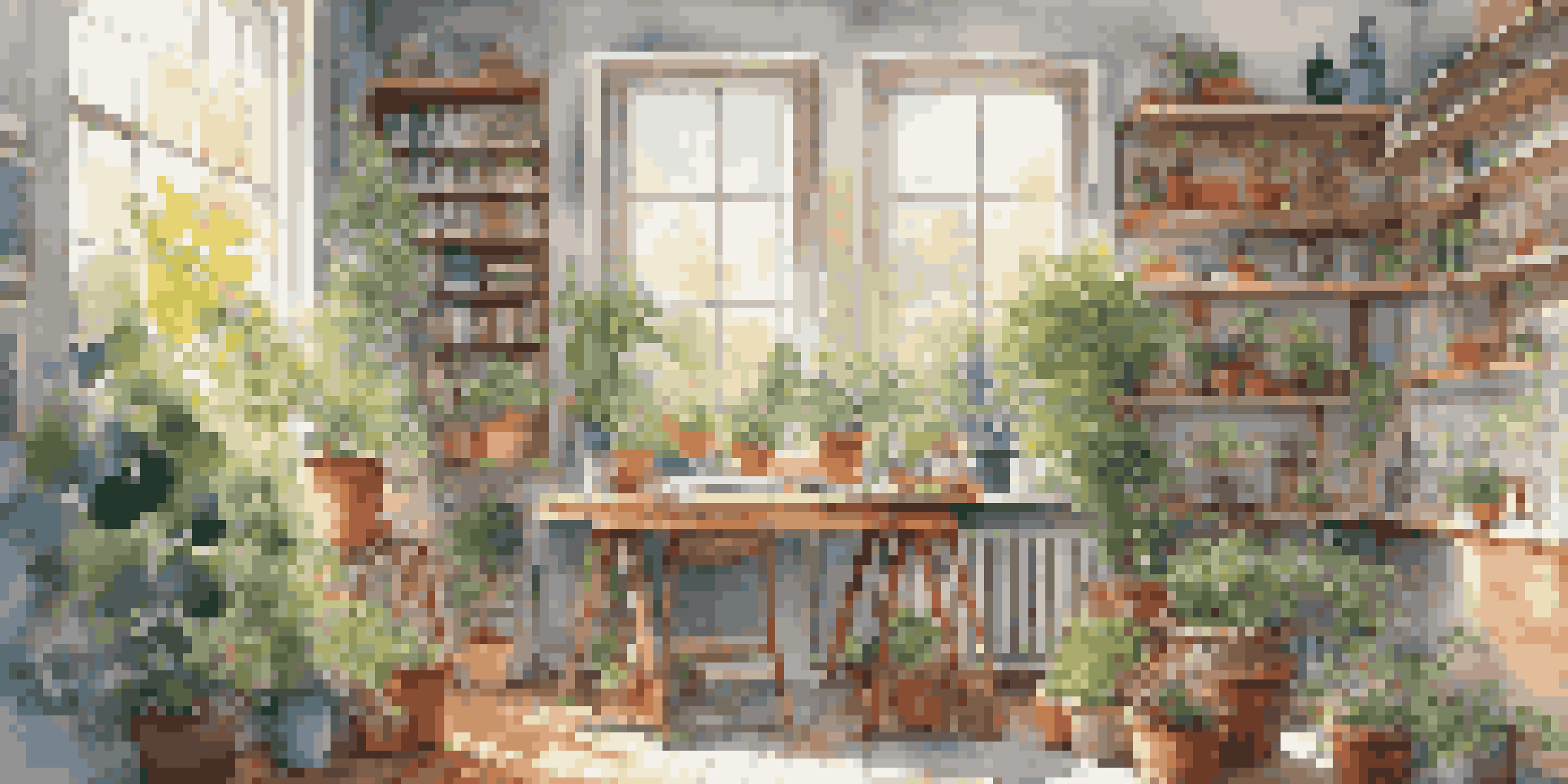 A bright artist's studio with a canvas, paint supplies, and artwork on the walls, illuminated by natural light.