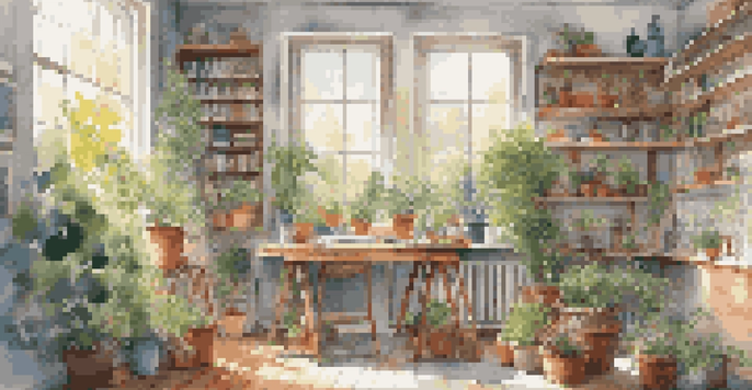 A bright artist's studio with a canvas, paint supplies, and artwork on the walls, illuminated by natural light.