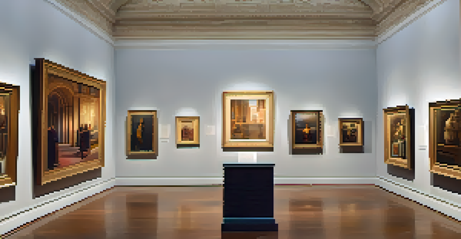 An art gallery with framed paintings and sculptures displayed under soft lighting.