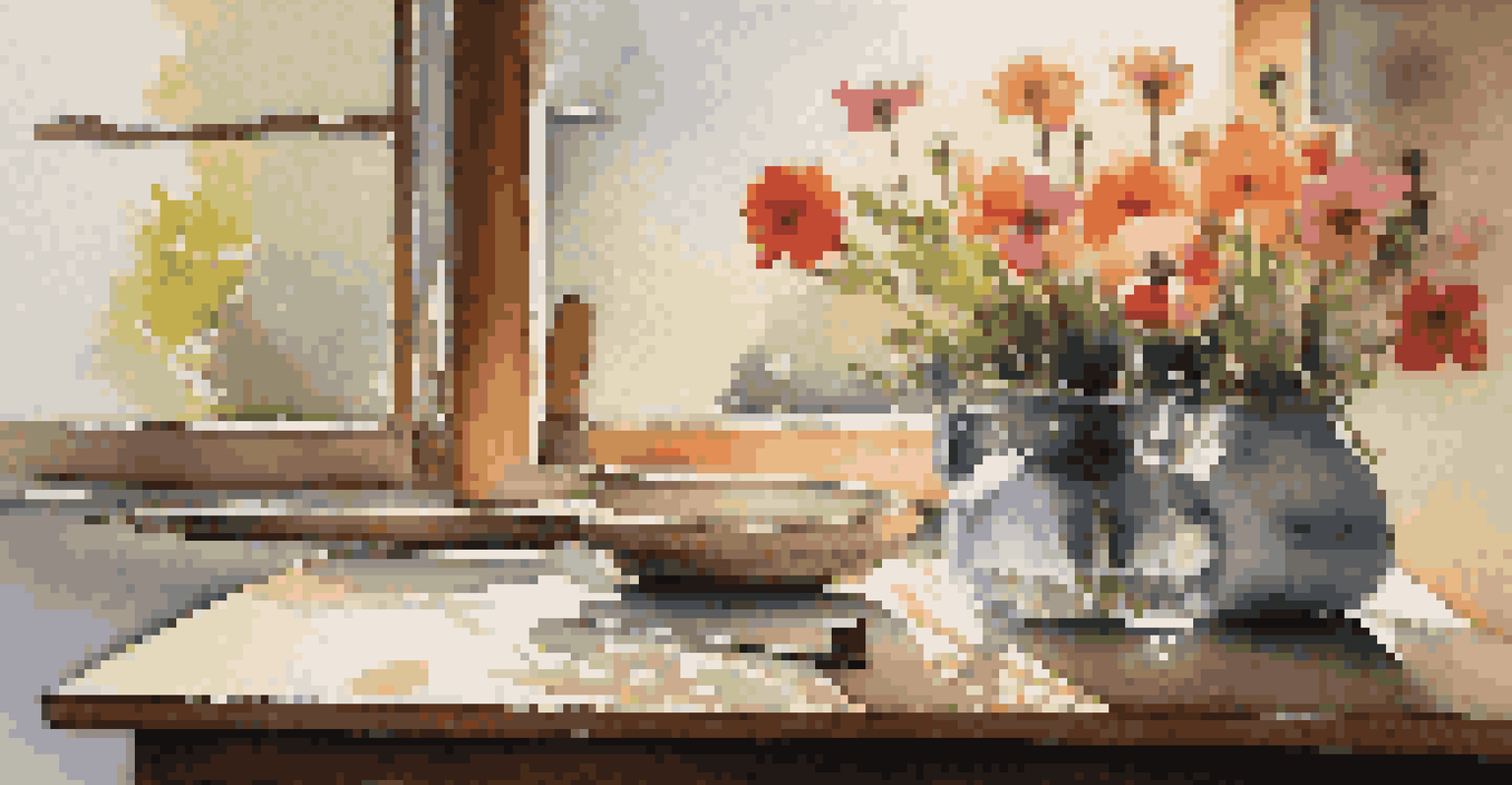 A still life of traditional art materials including a canvas, brushes, and paint tubes on a wooden table, softly lit by warm sunlight.