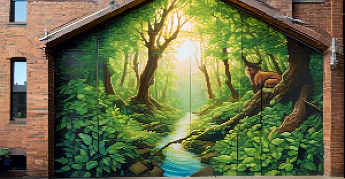 A colorful mural made from recycled materials depicting a forest with wildlife, illuminated by sunlight on a brick wall.