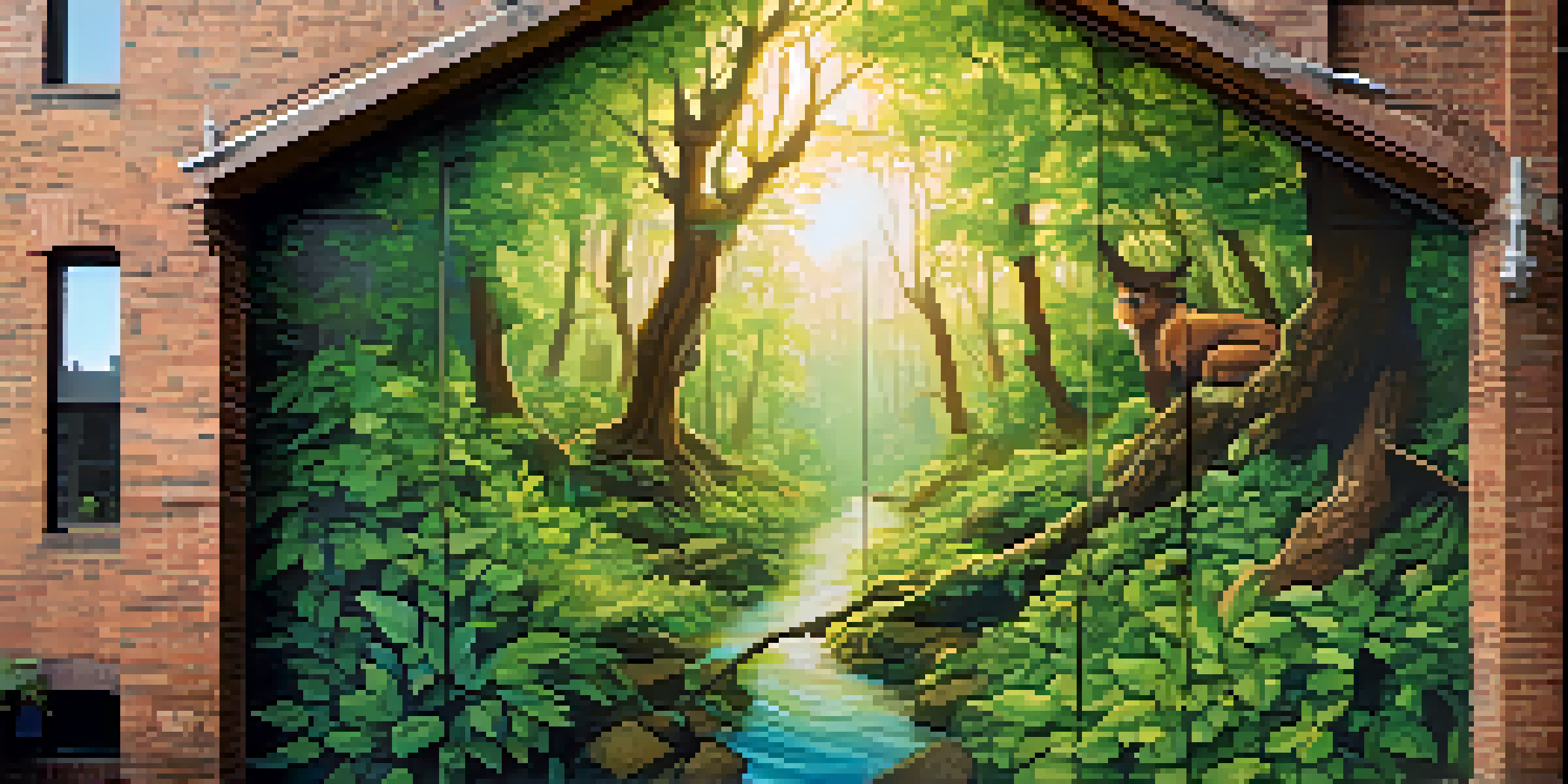 A colorful mural made from recycled materials depicting a forest with wildlife, illuminated by sunlight on a brick wall.