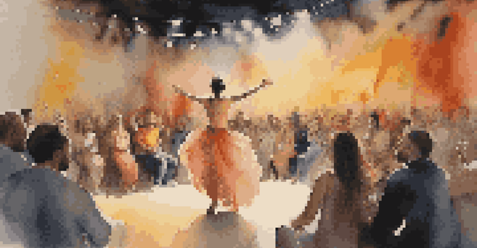 A performance artist on stage illuminated by warm lighting, with an engaged audience in the foreground, showcasing a moment of emotional expression.