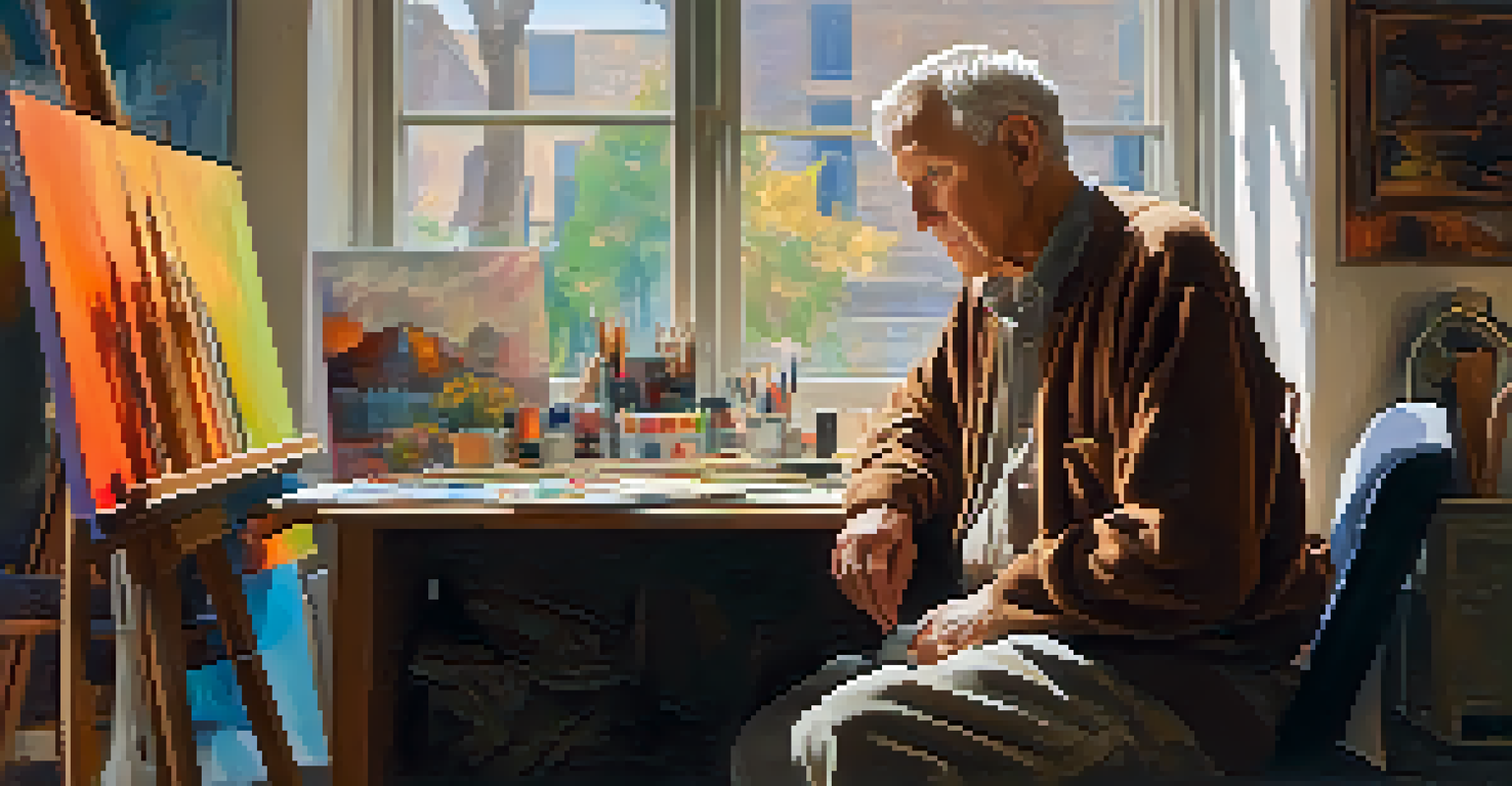 An elderly man in a cozy studio, contemplating a colorful abstract painting on an easel, surrounded by art supplies.