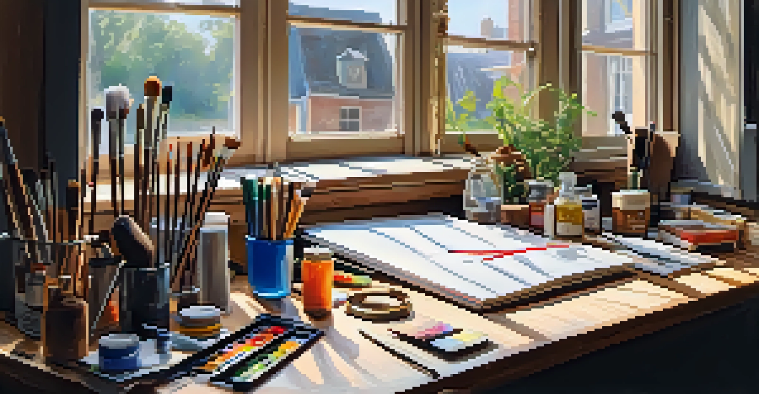An artist's studio with a table full of mixed media art tools, including paints, brushes, and a digital tablet, illuminated by natural light.