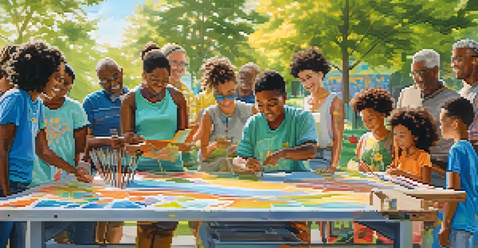 A community art workshop in a park, with a diverse group of people painting a colorful mural together, surrounded by trees.